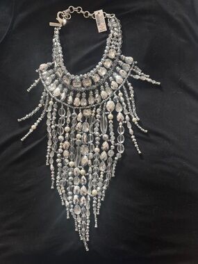 Glam Crystal Fringe Statement Necklace - Silver Tone. Chico’s Dauphine NWT